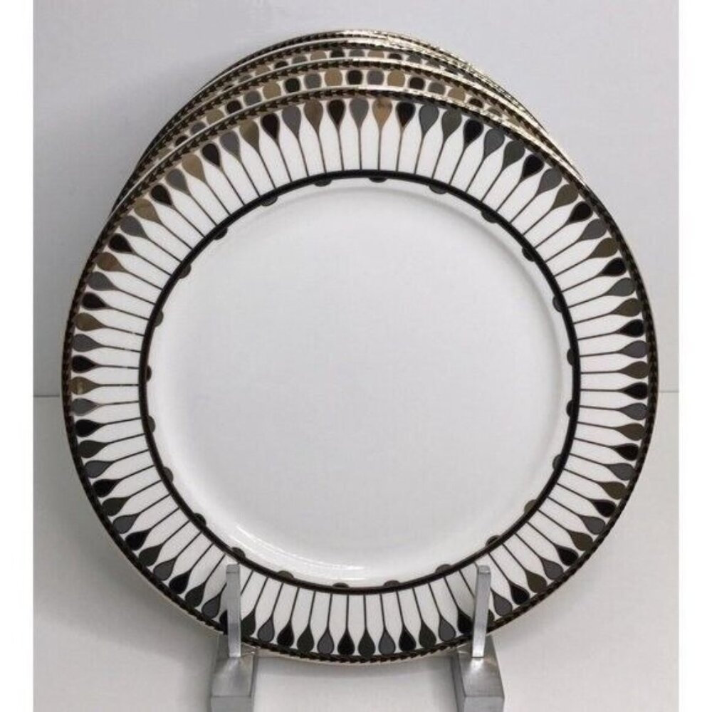 4  Dinner Plates Grace Teaware Black, Gray and Gold Geometric Design 10.…